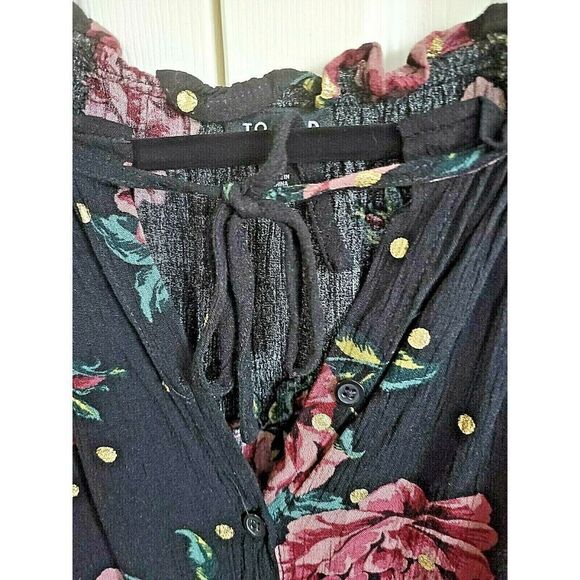 Torrid 1 Tunic Blouse Size 1 Black Pink Floral Button Front Gold Dots 1X 18/20 - Picture 3 of 9